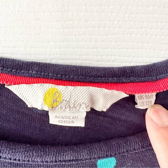 Boden Faye Navy Blue Ruffle Trim Multi Colored Polka Dot T Shirt Dress 12R J0900 - Picture 8 of 13